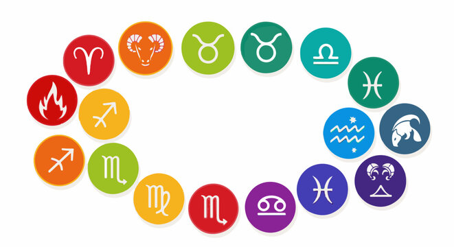 Circular zodiac symbols arranged in an oval on a white background