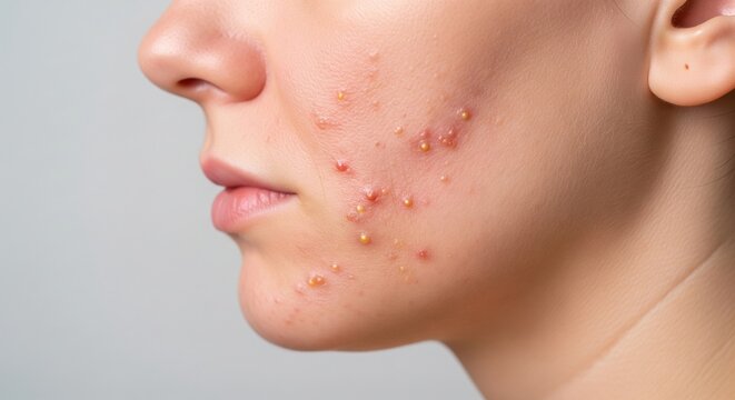 Inflammatory acne on cheek and jawline in side profile shows acne-prone sensitive skin, visible blemishes, redness, post-acne marks and realistic dermatology skincare concern.