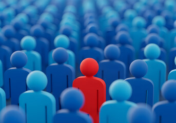 Obraz premium A single red person figure standing out from a large crowd of identical blue people, representing uniqueness, leadership, and individuality concept