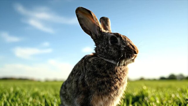 Wild Rabbit in a Green Field Under a Blue Sky with Fluffy Clouds Sunlight Backlighting Its Fur and Ears