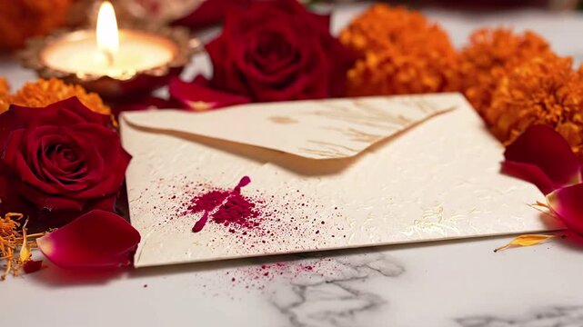 A festive invitation envelope adorned with red roses, marigold flowers, and a lit diya, set against a marble surface, evoking celebration and tradition