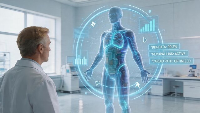 Future medicine digital twin human body in laboratory doctor analyzing hologram data neural link active biodata screen interface technology