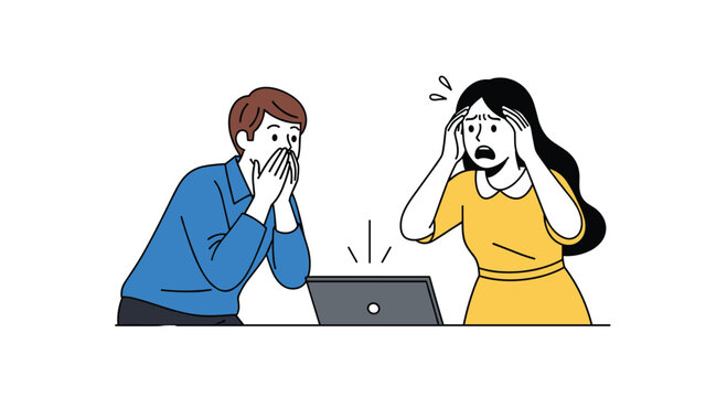 A distressed man and a panicked woman react with horror while looking at a laptop screen in a clean line-art illustration featuring bright colors.
