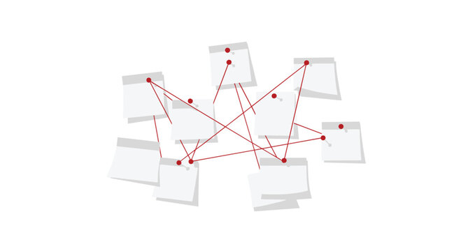 A collection of white square sticky notes are scattered across a white surface and linked together by a meticulous network of thin red connecting strings.