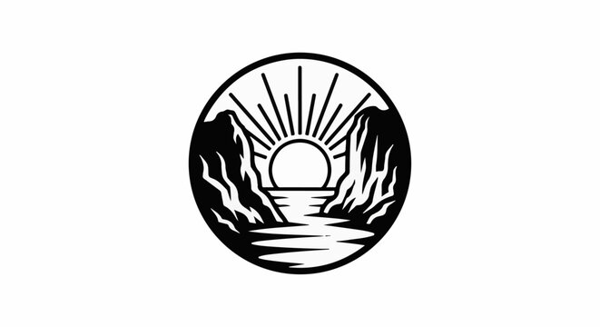 Circular graphic of a sunrise between rocky cliffs over water