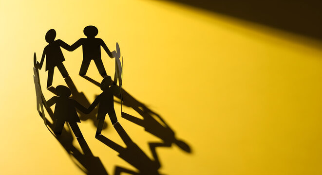 Paper cutouts of people holding hands in a circle on yellow background unity and community concept