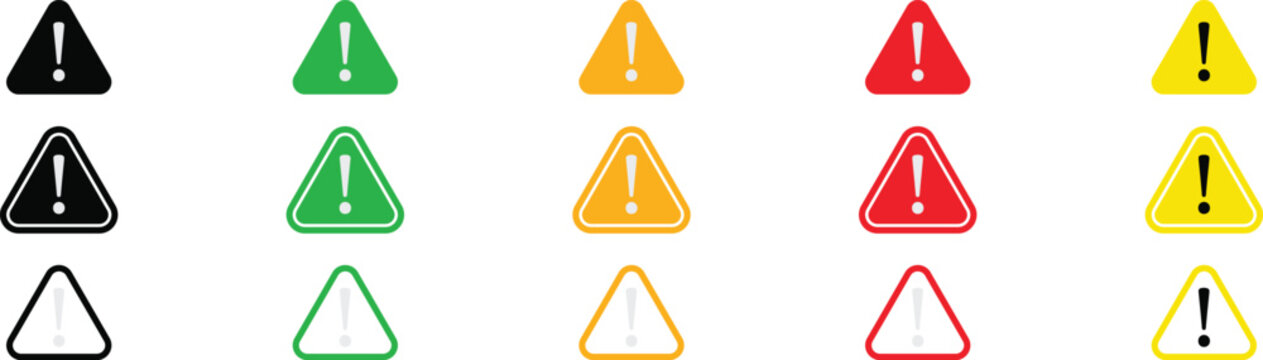 Set of caution warning signs. Warning symbols with exclamation mark, fatal error message, danger icons, attention sign. Vector.