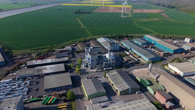 Birds eye view of an industrial biomass power station converting meat and bone meal into green electricity