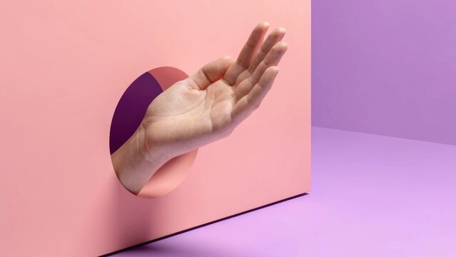 Hand through pink wall, purple background, reaching out, palm up, minimalistic design