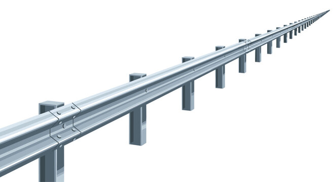 A single sleek metallic guardrail extends toward a sharp vanishing point on a pristine white background highlighting the repetitive pattern of support posts.