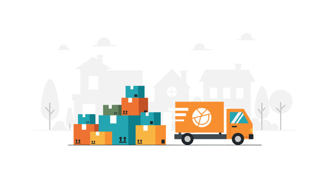 A vibrant orange delivery truck speeds past a massive stack of teal and orange shipping boxes against a minimalist grey urban skyline city background.
