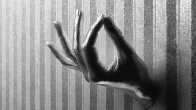 Hand gesture, yoga mudra, black and white, striped background, meditation symbol