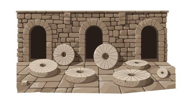 A weathered ancient stone wall containing three dark arched entrances overlooks a paved courtyard filled with several large circular millstones under bright even lighting.