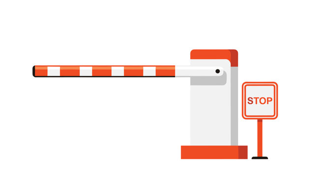 A vibrant orange and white striped automatic parking barrier gate stands closed beside a square stop sign against a clean and minimalist white background.