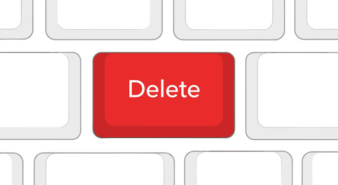 A detailed close-up perspective of a modern white computer keyboard showcases a prominent red delete key surrounded by several standard grey buttons.