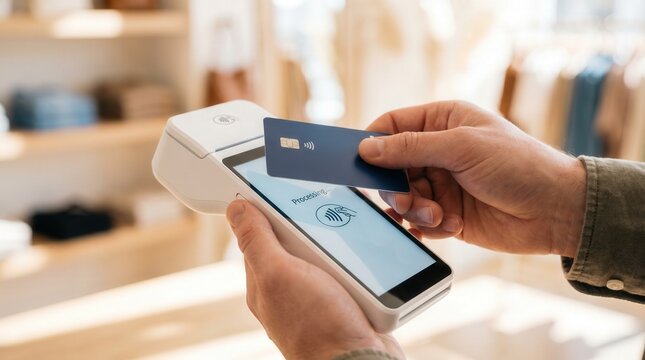 Contactless payment with credit card on mobile POS terminal in retail store. Modern digital transaction technology for seamless customer shopping experience.
