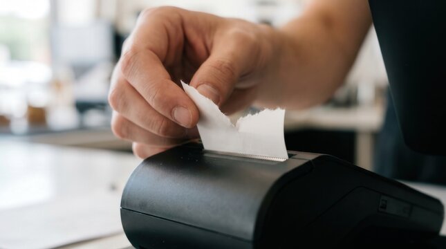 Close up of cashier hand tearing paper receipt from POS terminal. Payment transaction and retail sales concept for small business.
