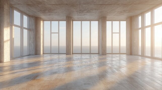An empty concrete room faces the sea with large windows at sunrise. Perfect for architectural design or minimalist, modern interior visualizations.