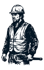Fototapeta premium Construction worker with wrench wearing hard hat and vest.