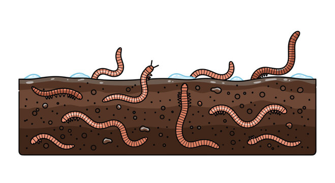Diverse segmented worms and millipedes with many tiny legs navigate through a detailed cross-section of dark brown soil featuring small blue water pockets.