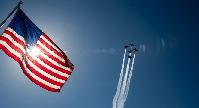 Us air force fighter jets in formation flight with contrails against a blue sky and american flag