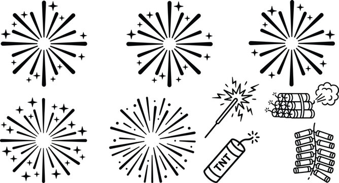 Fireworks and explosive elements vector set with starburst effects sparkles dynamite icons for celebration and event design