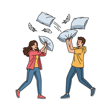 Young friends playing pillow fight, man and woman having fun with feathers flying, leisure activity, bonding