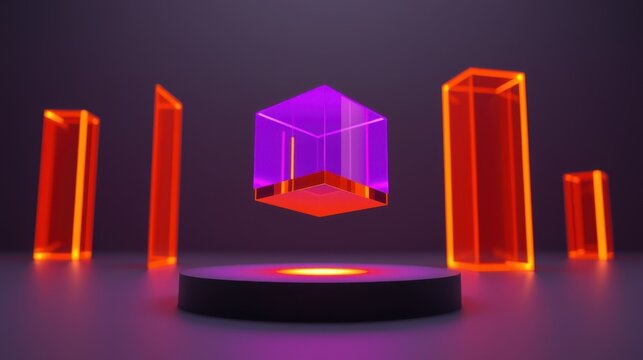 Floating purple cube above black pedestal. Orange rectangular prisms surround it. Dramatic lighting creates modern presentation.