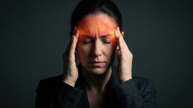 Headache and migraine pain concept, stressed woman touching temples with red heat map on forehead. Sinus pressure, chronic tension and medical illustration of fever symptoms.