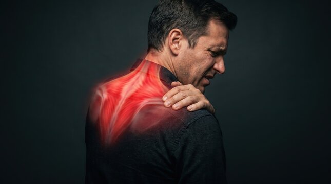 Neck and shoulder muscle pain concept with man suffering from chronic strain, red anatomical glow. Healthcare, physiotherapy and medical treatment for upper back injury.