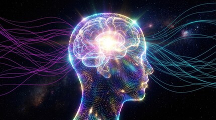 Artificial intelligence and human consciousness concept, glowing particle brain 3D render. Neuroscience, mental health and cognitive science for digital transformation.