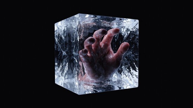 Frozen hand, ice cube, trapped, cold, desperation