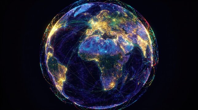 Global connectivity concept 3D render illustration with digital network lines across planet earth. International data transfer and worldwide telecommunications systems for business.