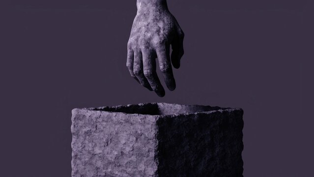Monumental sculpture, stone hand, ancient statue, mysterious art