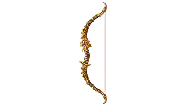 A formidable fantasy longbow crafted with dark wood and golden spiral wraps features a luminous central grip embedded with vibrant red and green gemstones.