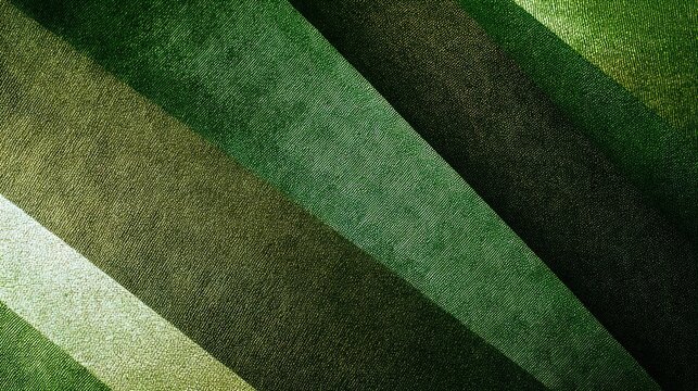 Abstract green tone pattern with diagonal dark bands and fabric texture, light to deep green gradient, grainy woven textile surface, soft fold shadow detail and bright pale highlight at bottom left co
