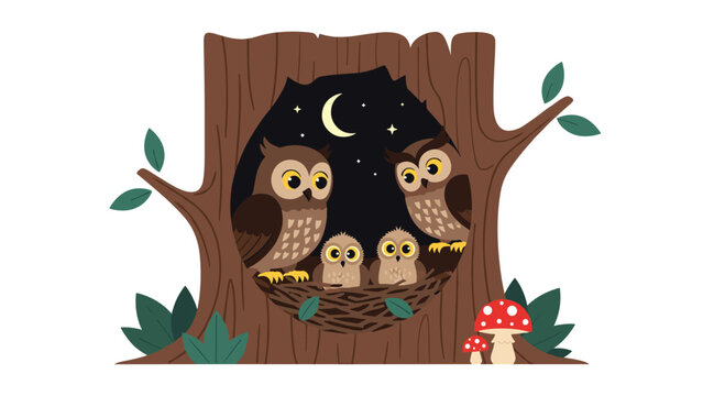 Two protective adult owls and their fluffy chicks rest comfortably in a cozy tree stump nest beneath a starry night sky with a glowing crescent moon.