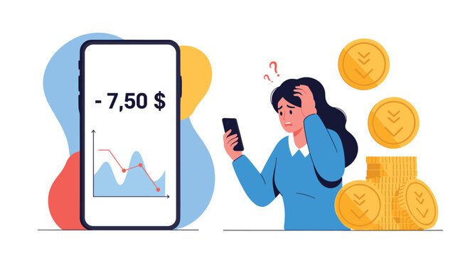 Worried businesswoman looking at her smartphone showing a declining stock market graph and loss of financial value.