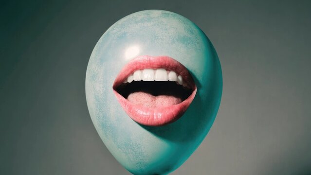 Surreal blue egg face, pink lips, open mouth, colorful abstract portrait, pop art style