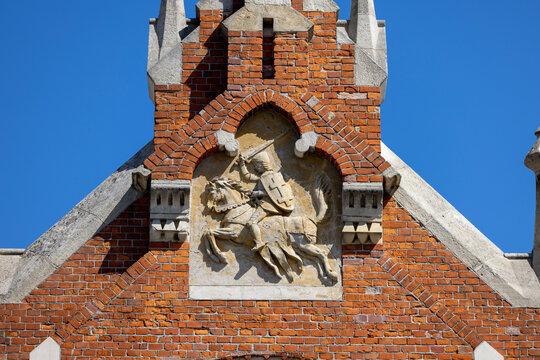 Decorative facade of 19th century Sokoł Building, Gymnastic Society Falcon, Jaroslaw, Poland