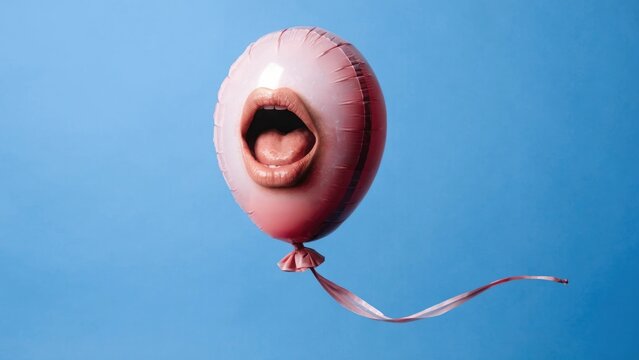 Scream, pink balloon, mouth, screaming face, blue background
