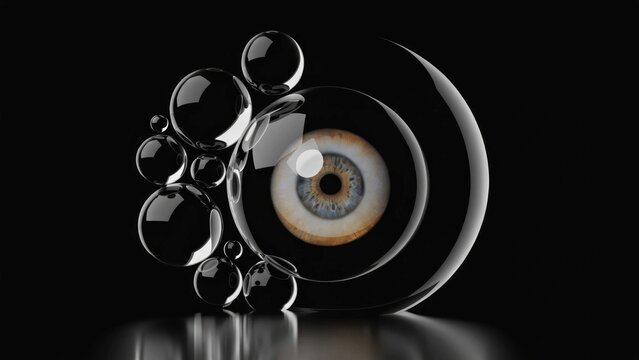 Glass eye bubble, transparent orbs, surreal close-up, eye in sphere, reflective surface