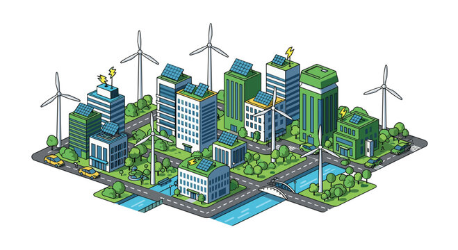 A vibrant isometric illustration showcases a modern eco-friendly city integrated with renewable energy sources like wind turbines and solar panels near a blue river.
