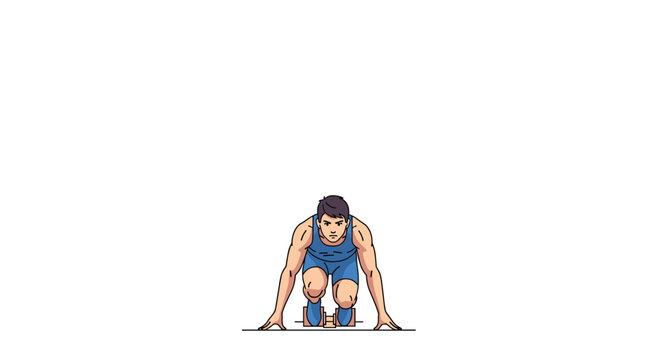 A focused male sprinter in a blue athletic uniform maintains a low crouched starting position while looking forward with intense determination on a white background.