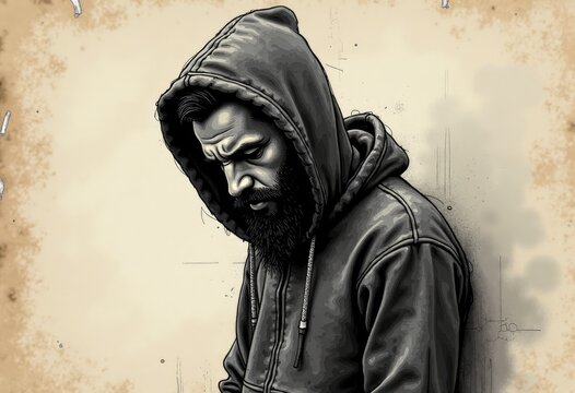 Illustration of a bearded man wearing a gray hoodie, looking down with a serious expression against a textured beige background with visible sketch lines