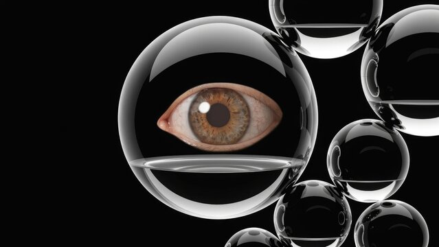 Brown eye in glass bubble, eye in orb, transparent spheres, reflective eyeball, surreal vision