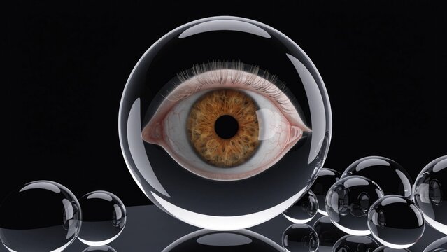 Human eye in glass sphere, eye inside transparent ball, reflective eyeball, surreal close-up