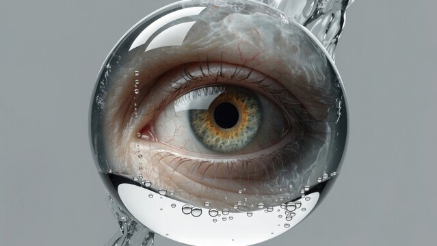 Close-up eye through water droplet, reflective surface, gray background