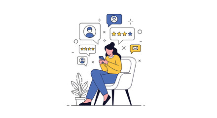 Naklejka premium Young woman relaxes in a chair while using her smartphone to check online customer ratings and reviews for products and services.