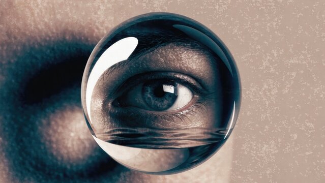 Close-up, eye through crystal ball, reflective gaze, blue eye, mysterious